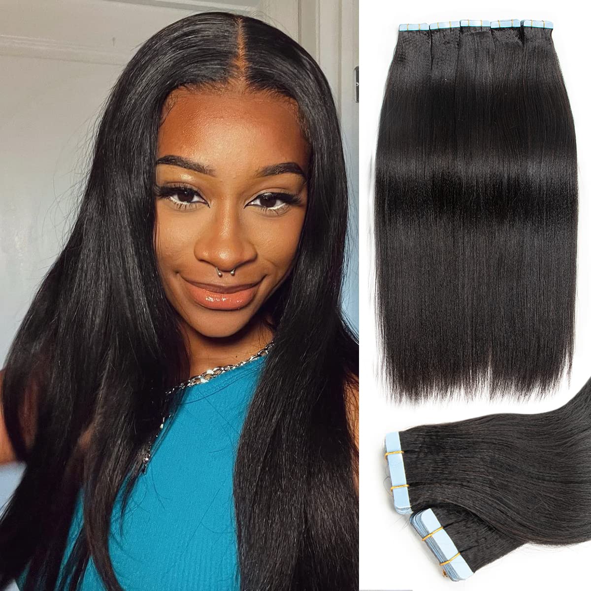 MRSHAIR Black Tape in Hair Extensions Human Hair Black