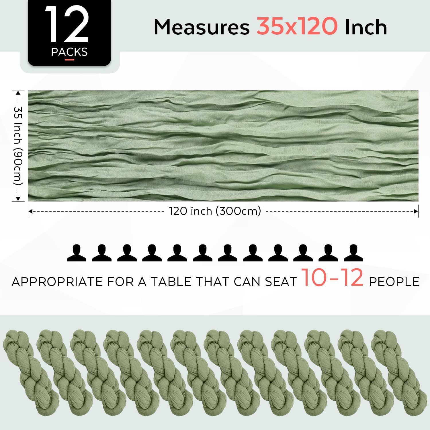 FAVE 12PCS Green Cheesecloth Table Runner 35x120 Inch 10FT Boho Gauze Table Runner, Sage Green, Reusable Washable for Wedding Baby Shower Briday Shower Party Banquet Arch Decoration (Green,12pc)