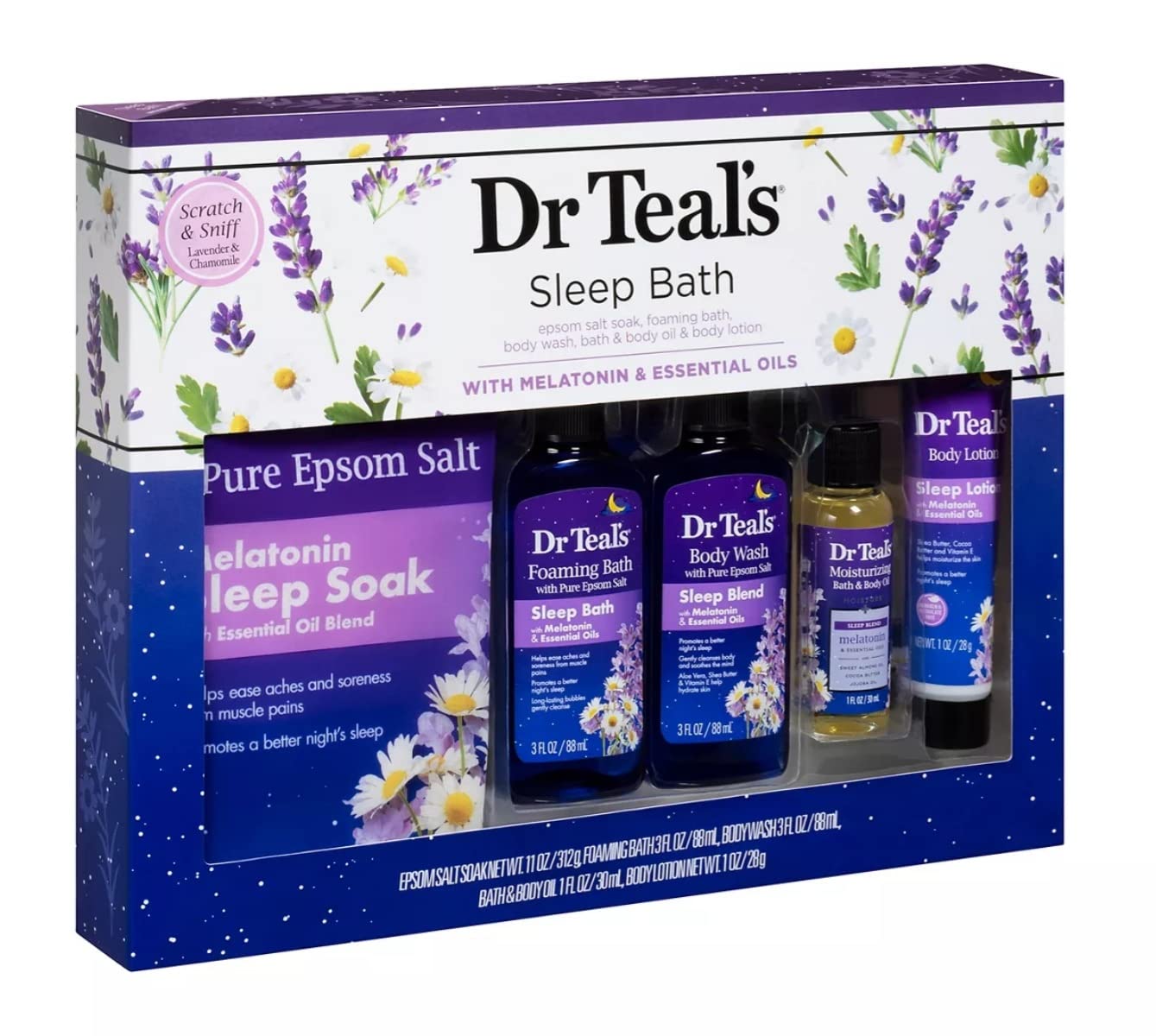 Dr Teal's Melatonin 5-Piece Bath Gift Set - Give the of Better Sleep Contains 11 oz Soak, 3 Bath, Body Wash, 1 Oil, & Lotion At Home Spa Kit Pure Epsom Salt 80 Ounce
