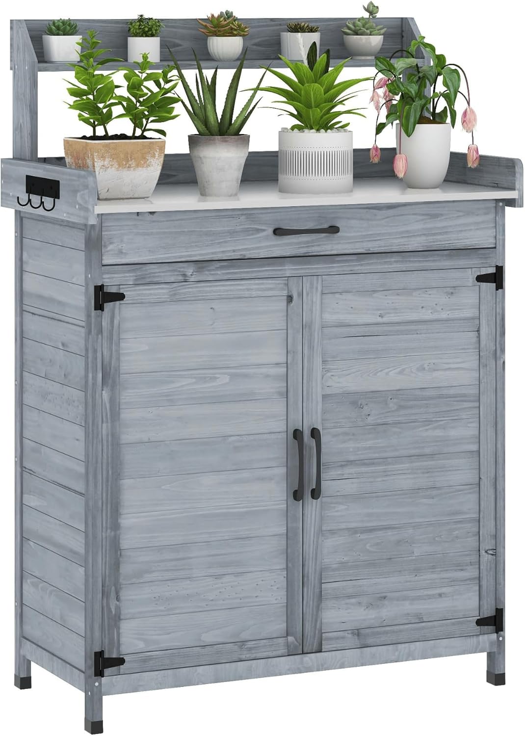 DWVO Solid Wood Outdoor Storage Box, Potting Table and Bench with Storage Drawer and Galvanized Metal Tabletop, Outdoor Storage Cabinet for Patio, Garden, Porch, Balcony, Indoor, Grey