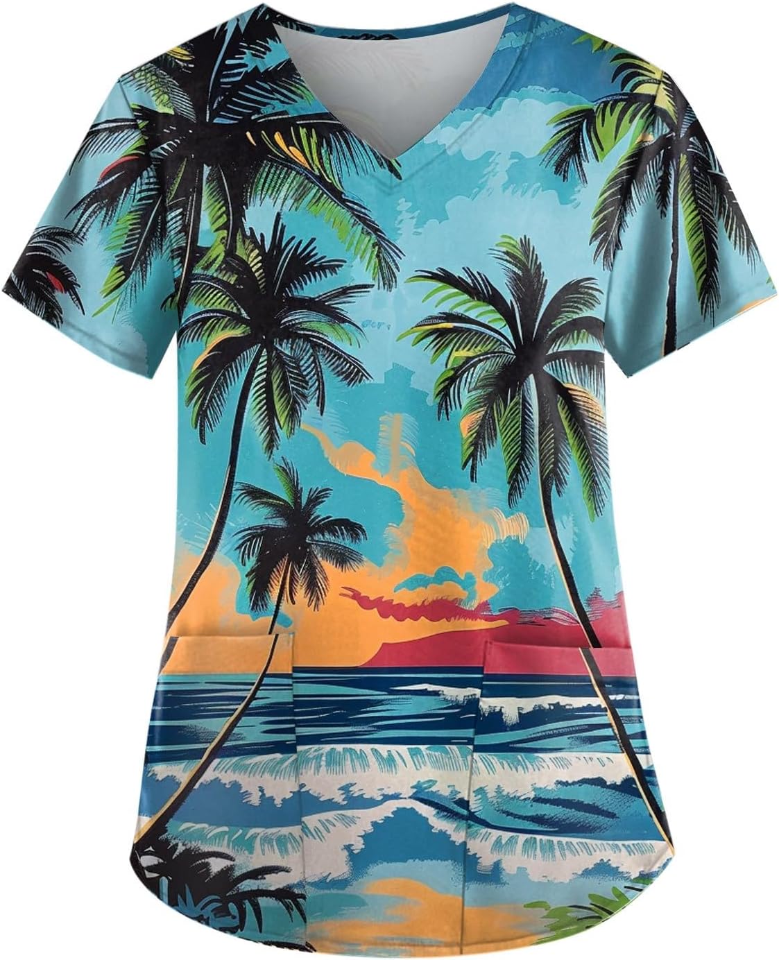 Womens Scrub Tops Hawaiian Printed Stretchy Nursing Scrubs Plus Size Soft Easy Care Workwear Holiday Medical Uniform