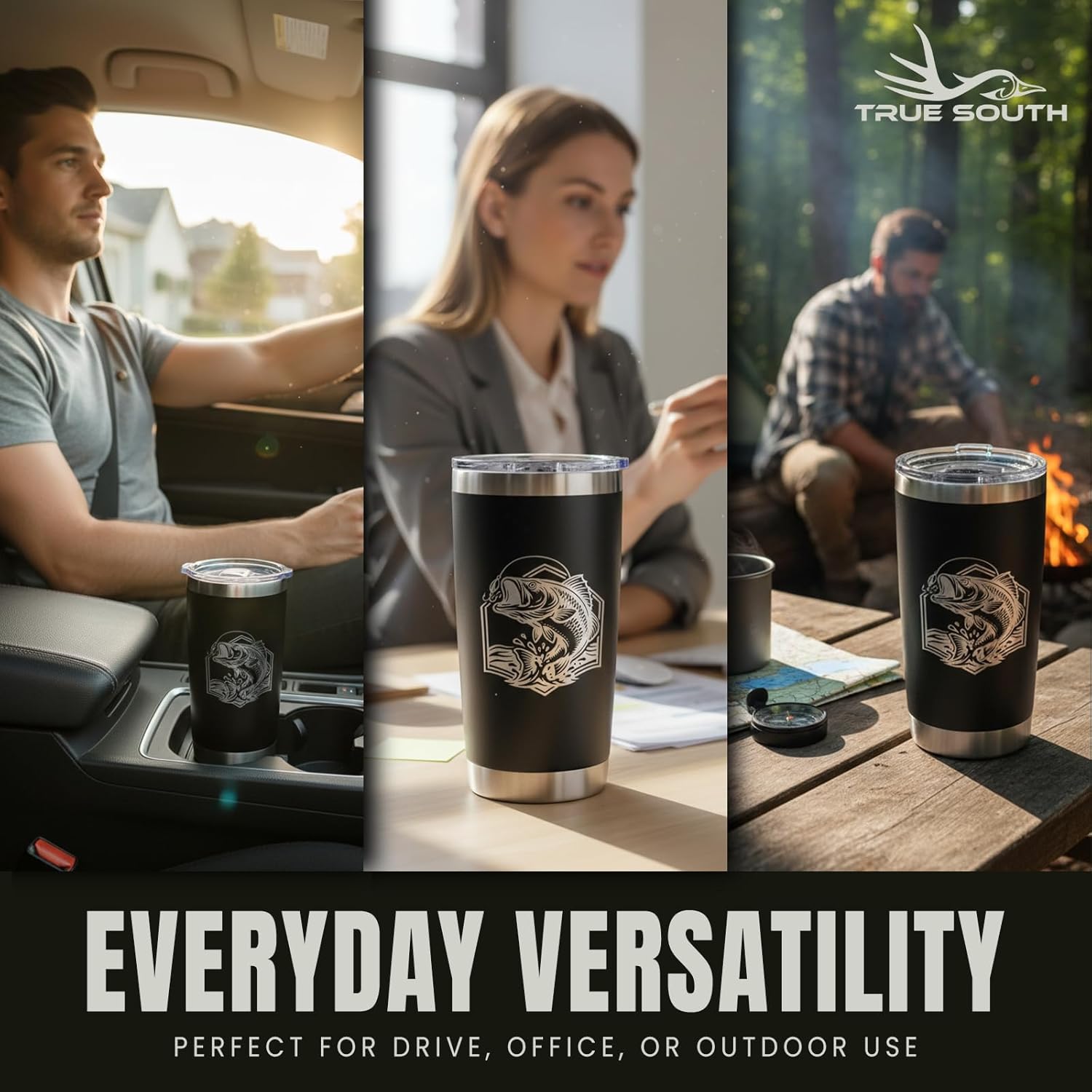 True South 20oz Stainless Steel Fishing Tumbler – Vacuum Insulated Bass Travel Mug with Lid – Double Wall Cup for Hot & Cold Drinks - Image 3