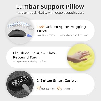 3-in-1 Back Massager with Heat & Vibration, Smooth Spine Triple Fusion Lumbar Support Pillow for Lower Back and Sciatica Pain Relief, Deep Tissue Relaxation for Bed or Office Chair