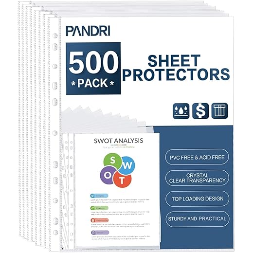 Sheet Protectors, PANDRI 500 Pack Clear Heavy Duty Plastic Page Protectors Sheet Reinforced 11-Hole Fit for 3 Ring Binder Fits Standard 8.5 x 11 Paper, 9.25 x 11.25 Top Loaded, Acid Free