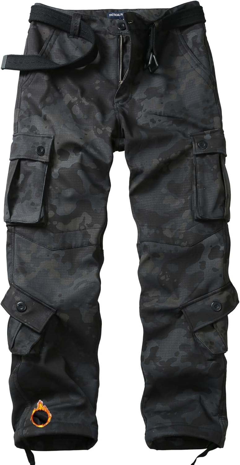 Men's Fleece Lined Cargo Pants Winter Camo Tactical Pants Waterproof Thermal Hiking Pants Insulated Work Pants No Belt