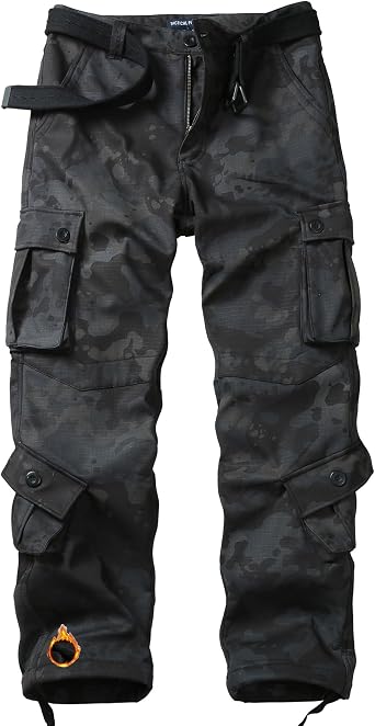 Mens Fleece Lined Cargo Pants Winter Camo Tactical Pants Waterproof Thermal Hiking Pants Insulated Work Pants No Belt