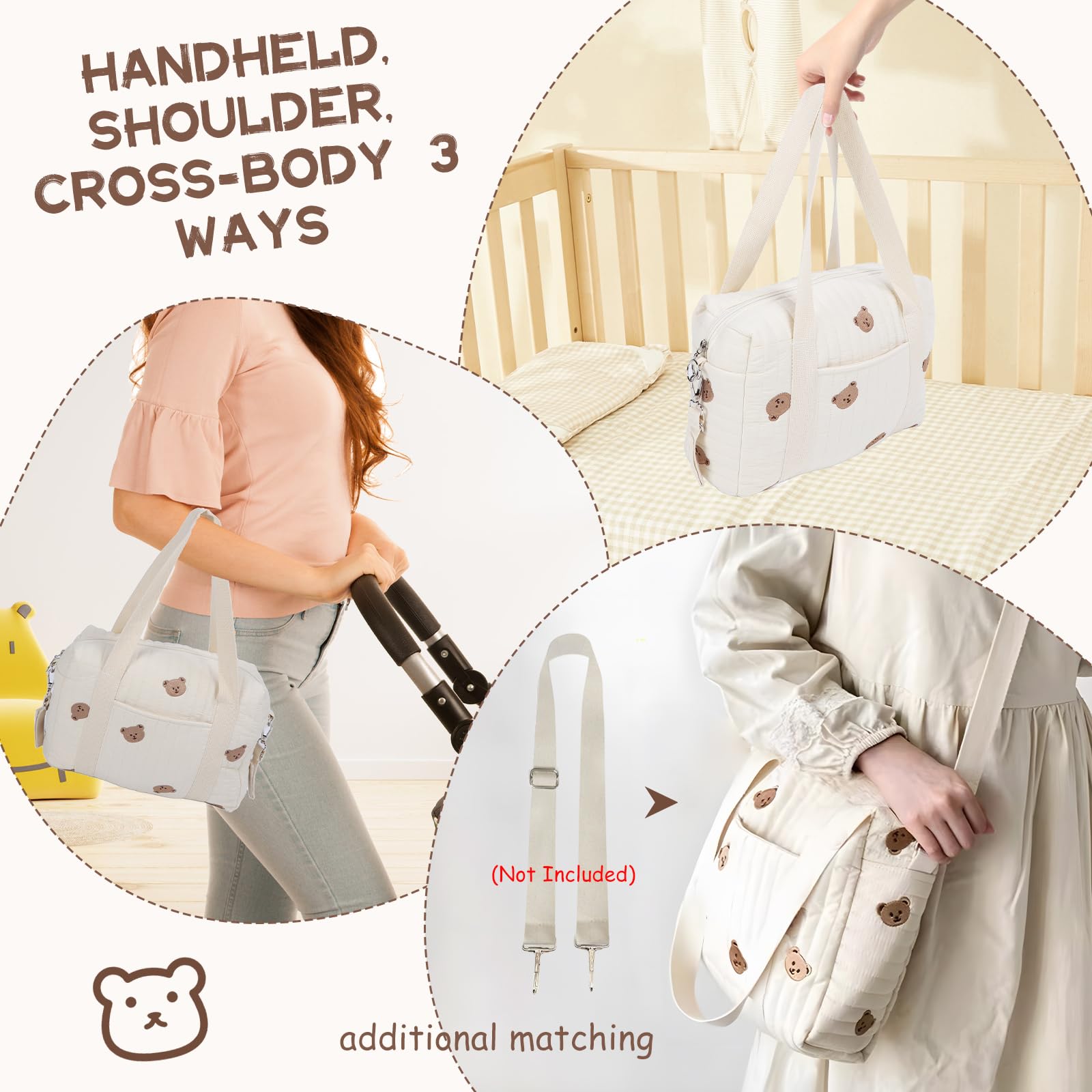 Sac de Rangement Poussette, Organisateur Portable Grande Capacité avec Poche Zippée Coton pour Bébé Maternité Voyage(Ours)