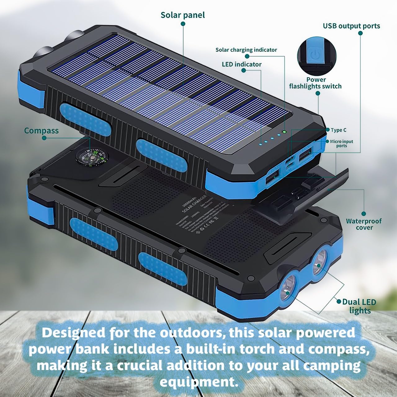 Solar Power Bank 20000 mAh, caricabatterie portatile a ricarica rapida con torcia e bussola, batteria di backup impermeabile per uso esterno e viaggi, ricarica alla luce solare o con il cavo in