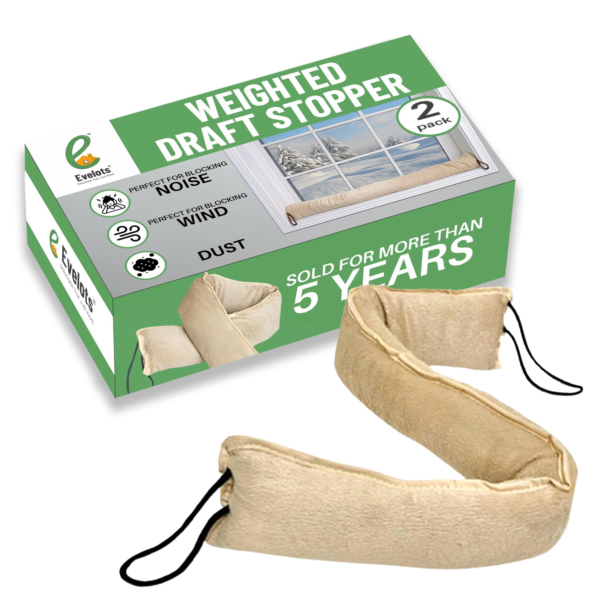 Evelots Draft Stopper - Weighted Bottom Door Wind Protector - 2 Pack - Block Cold Air, Hot Air, Noise, Dust from Under Door and Window Gaps -Hang When not in Use - Soft Felt Polyester - 36 Inch Long