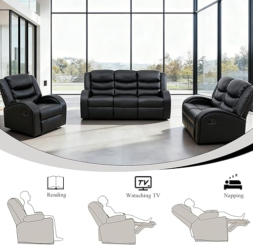 Miniatura 4 de Juego de muebles de 3 piezas para sala de estar, juego de sofá reclinable seccional, sofás reclinables de cuero, movimiento manual, sala de Negro