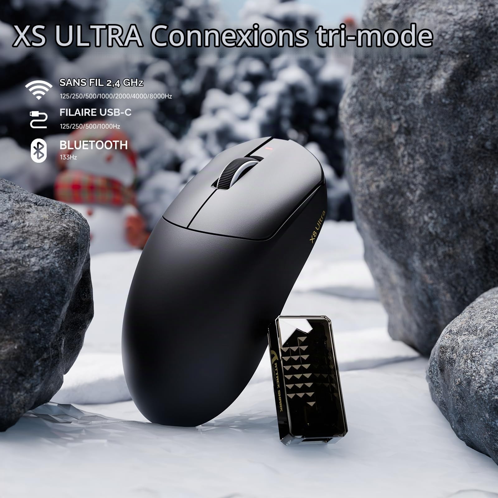ATTACK SHARK X8 Ultra 8KHz Souris Gaming Sans Fil, 55g Ultraléger, Nordic52840, PAW3950MAX, 42KDPI, BT/2.4Ghz/Filaires, Revêtement Nano Frais, Grosses Mains, 500mAh, SW & Web Driver,Pour PC/Mac (Noir)