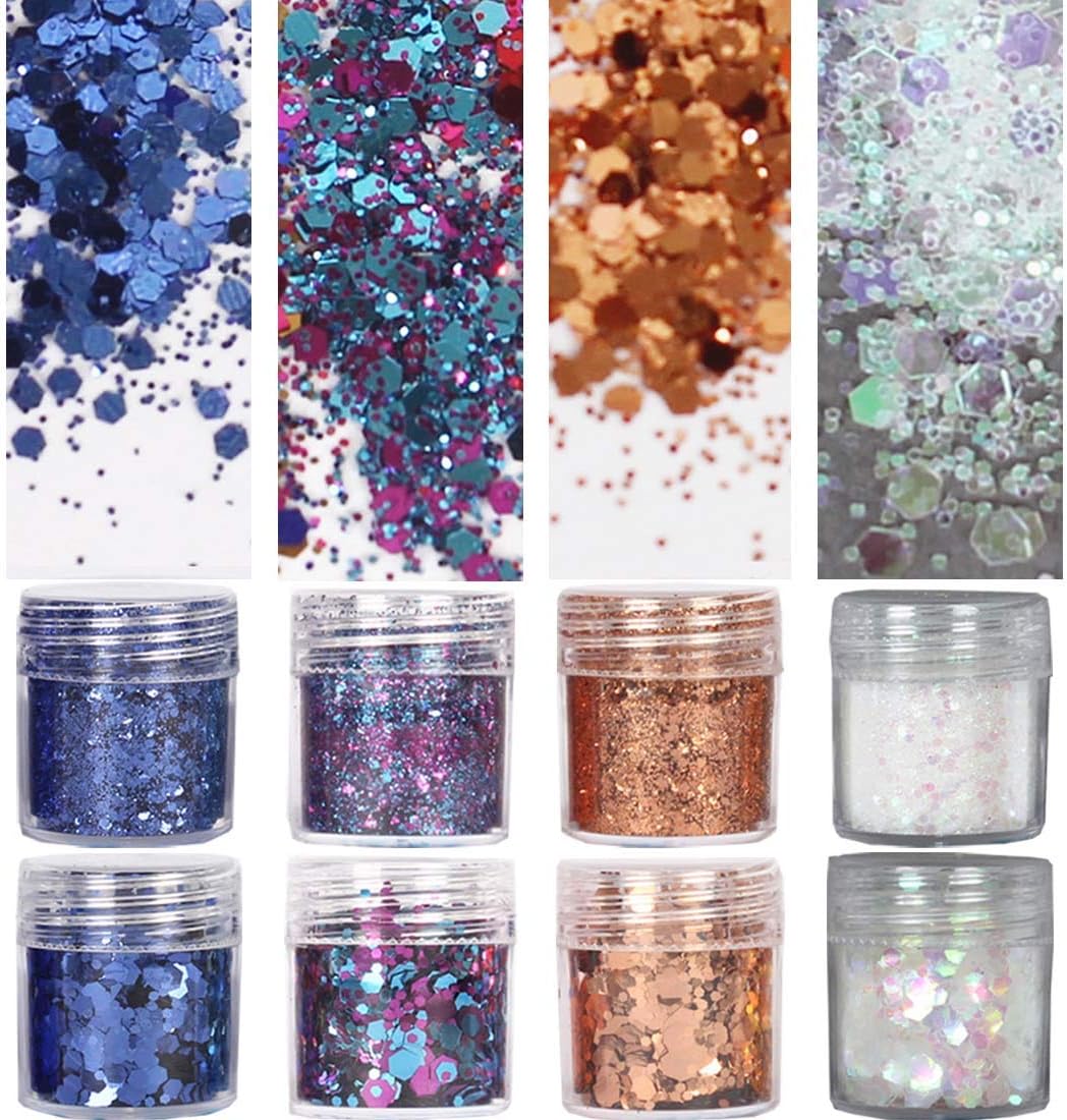 COKOHAPPY 8 Boxes Shimmer Chunky Glitter Makeup, Nail Art Holographic Flake Cosmetic Sequins Glitter, Ultra-thin Face Glitter Iridescent Sparkle Mixed for Body Hair