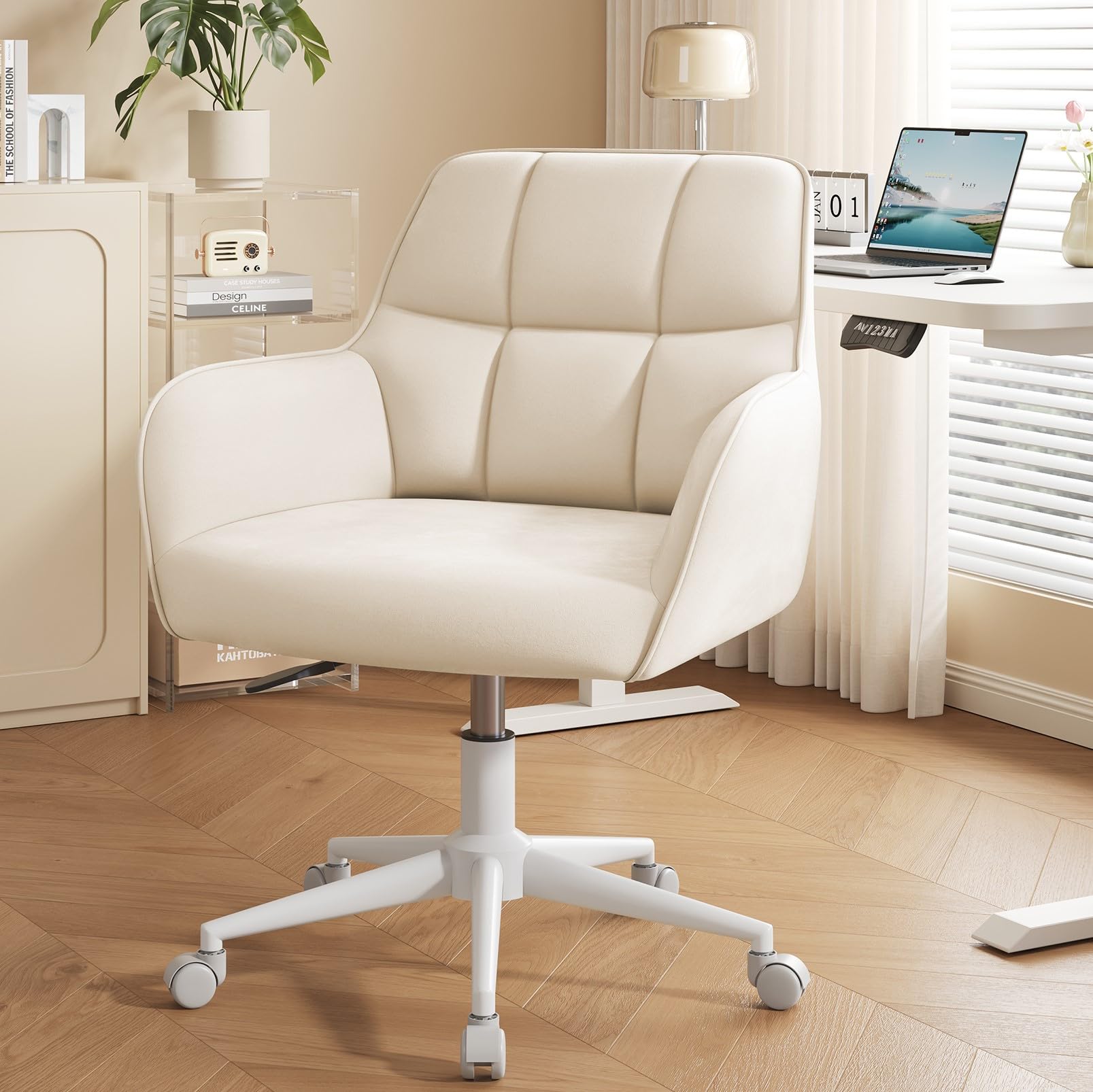 YOUDENOVA Schreibtischstuhl, Drehstuhl mit Rollen, Schminkstuhl Höhenverstellbar, Homeoffice Stuhl, Bürostuhl Ergonomisch, Vanity Chair für Mädchen Arbeitszimmer Schlafzimmer Büro, Samt Beige
