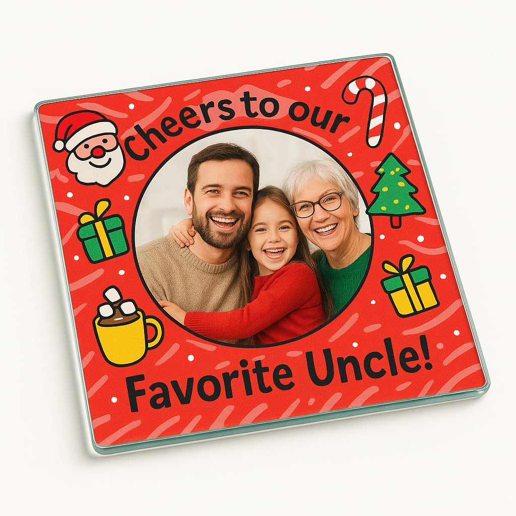 The Plum Penguin Cheers Fave Uncle Personalised Acrylic Coaster Gift Featuring Santas Cheers Frame - Personalised Christmas Photo Drinkware For Favourite Uncle