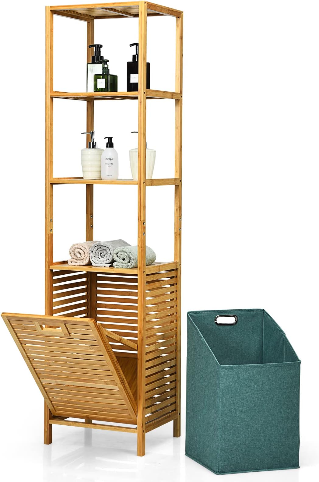 Byroce Bamboo Tilt Out Laundry Hamper with Shelves, 4Tier