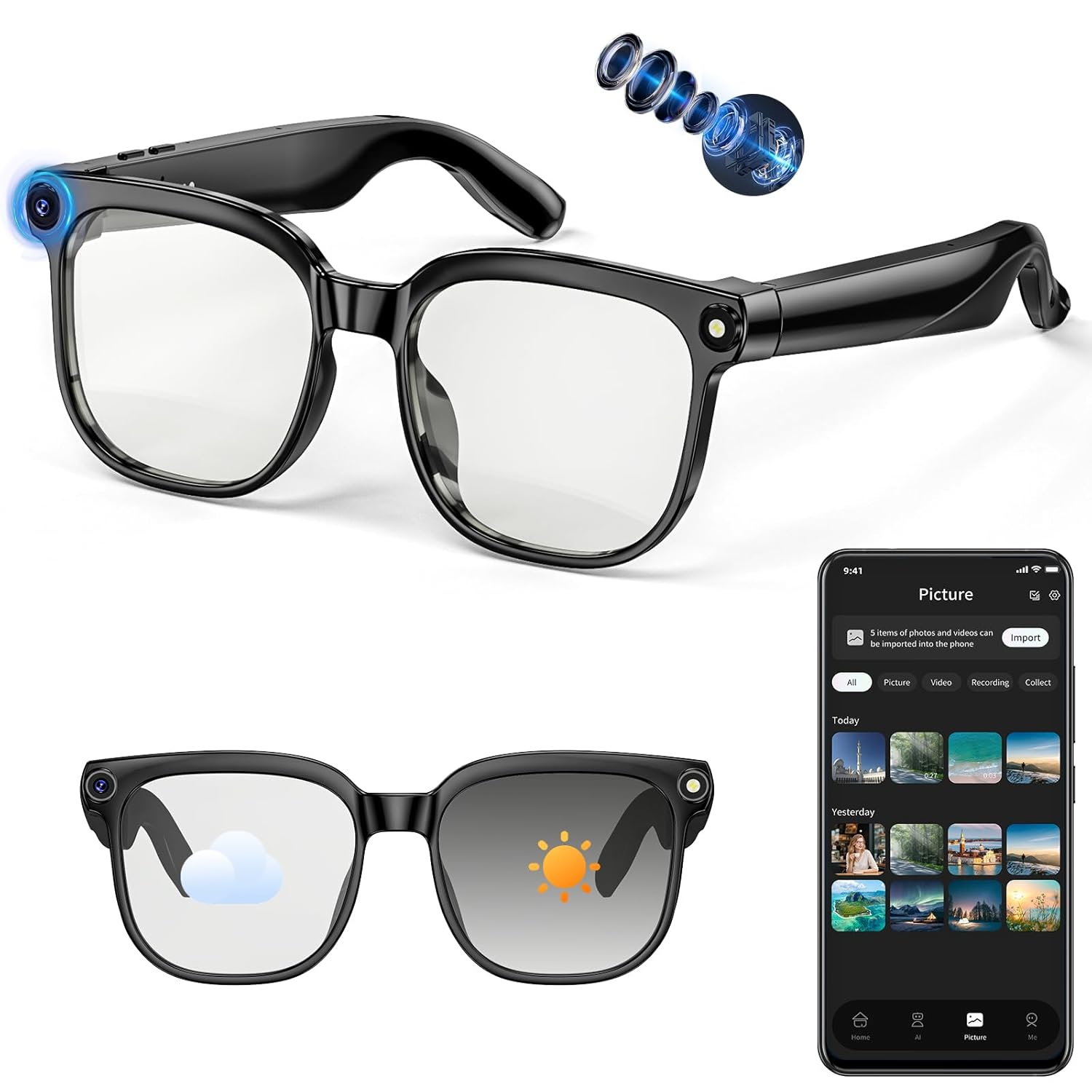 AI Smart Glasses with Camera 4K 800W HD Video Recording Glasses with Audio Bluetooth Sunglassess with Camera Real-Time