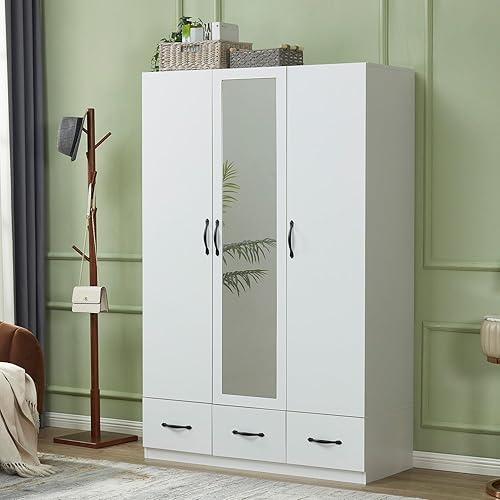 Sophshelter Armario Armario de almacenamiento de madera 2 puertas, 2 cajones, armario blanco para gran capacidad con barra colgante y asas, armario