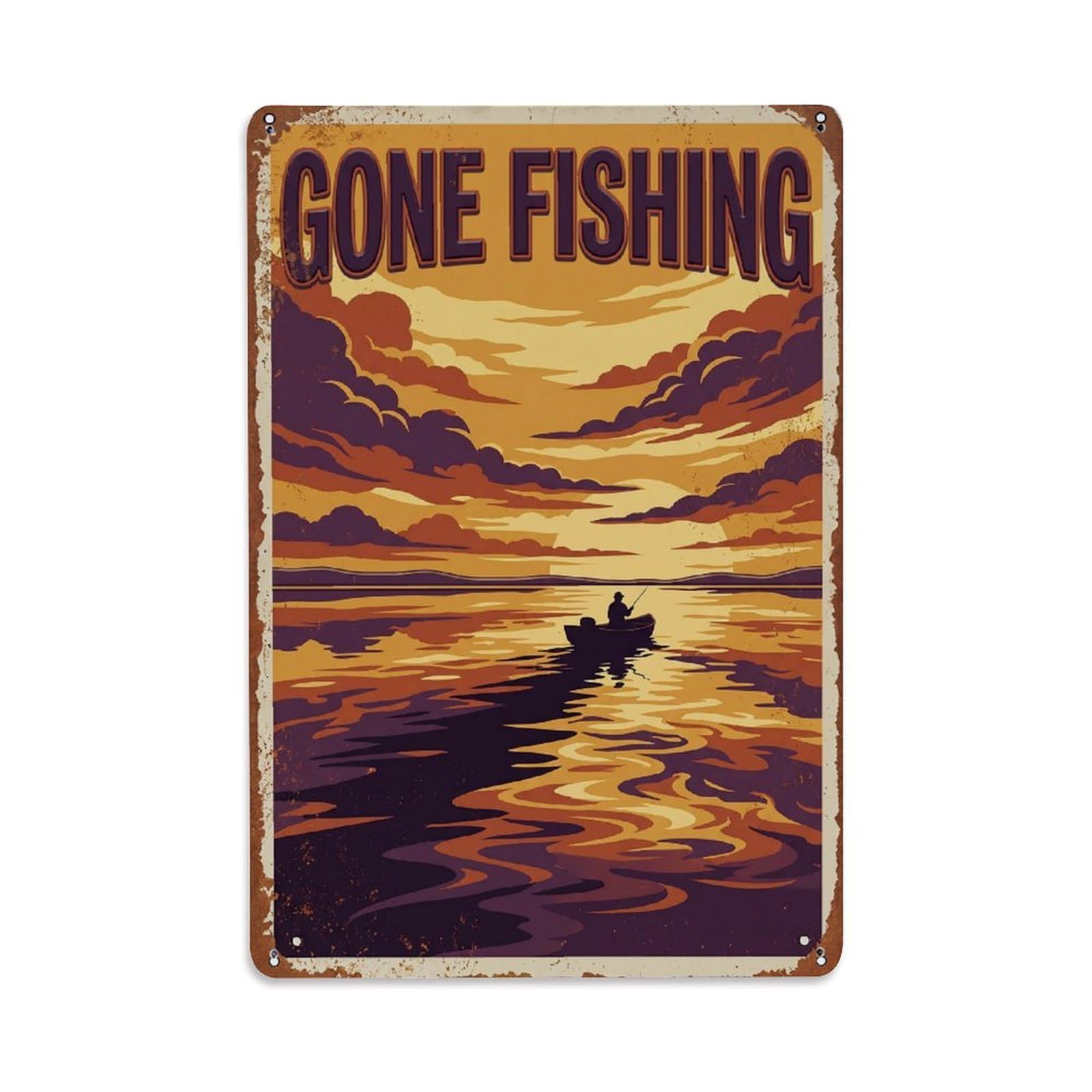 Gone Fishing Sunset Dusk Vintage Metal Tin Sign Plaque Wall Decor for Cafe, Club, Garden Metal Poster 8x12Inch