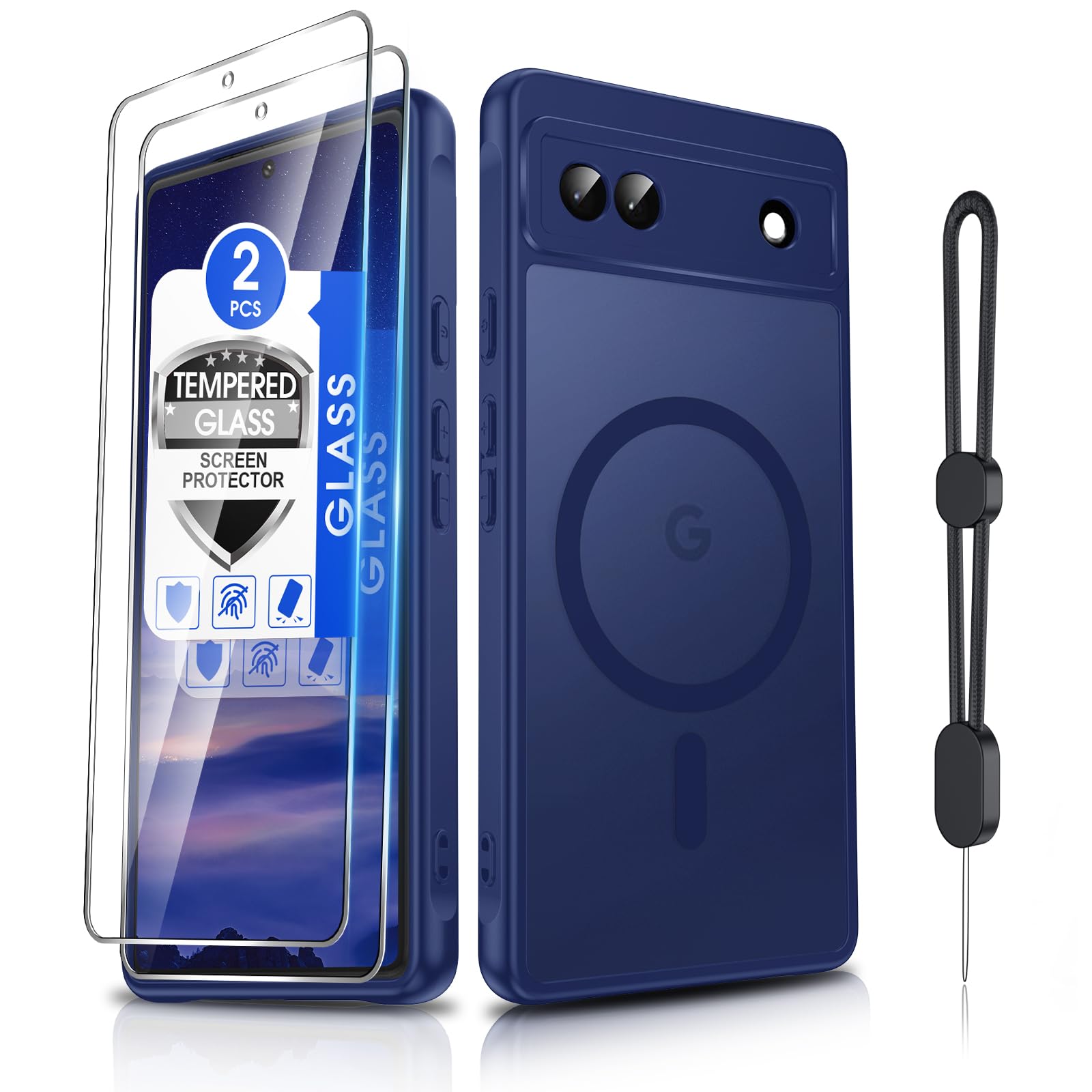 Dizn Magnetic for Google Pixel 6a Case:[Not Fit Pixel 6/6Pro],with 2 Pcs Tempered Glass Screen Protector,Strap,Compatible with MagSafe,Military-Grade Protective,for 6.6-Inch Google Pixel 6a,Dark Blue