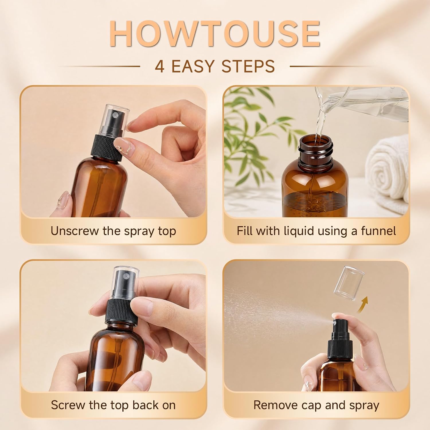 2 oz Amber Small Spray Bottle, Empty Spray Bottles plastic spray bottles Fine Mist Spray for Hair, Travel, Plants, Cleaning Solutions and Skin Care (24)