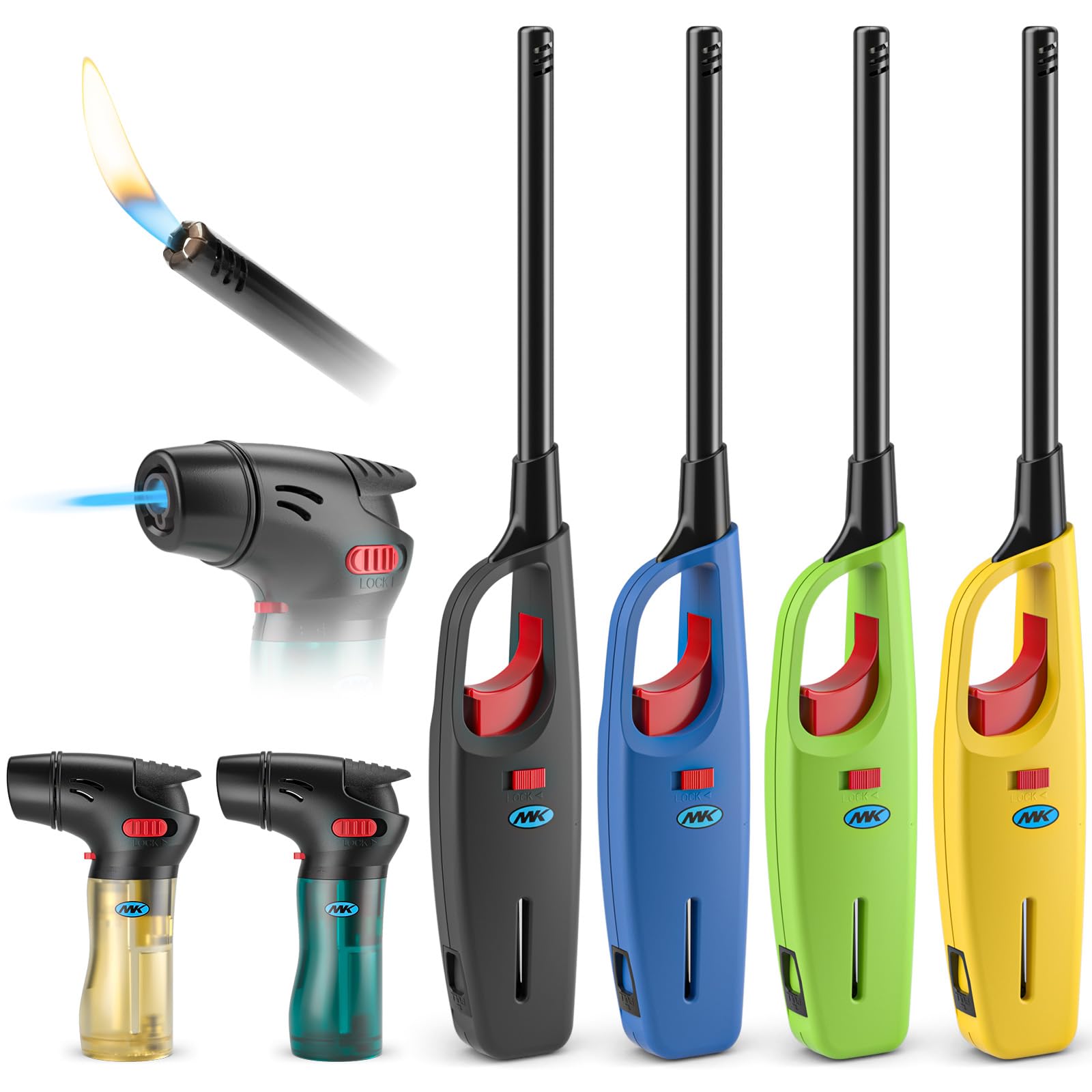 MK Lighter 6-Pack Multi-Purpose Butane Lighters 4 Large Long Lighters Soft Flame Utility 2 Mini Torch Assorted Colors