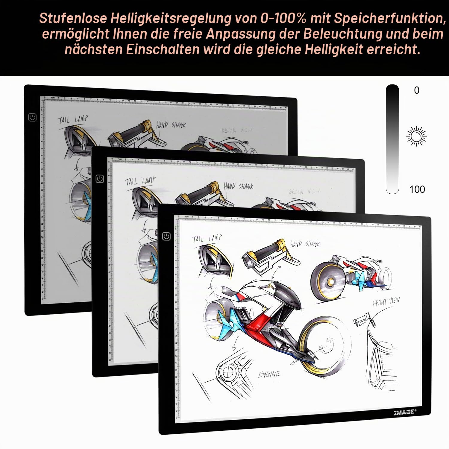 Magnetisch A3 LED Leuchttisch, AGPtEK Leuchtpad Leuchtplatte für Zeichnen, 46.5cm/18.3inch x 33.7cm/13.26 inch A3 Größe 7mm Ultradünn, Stufenlose Helligkeitsregelung mit Speicherfunktion -"MEHRWEG"