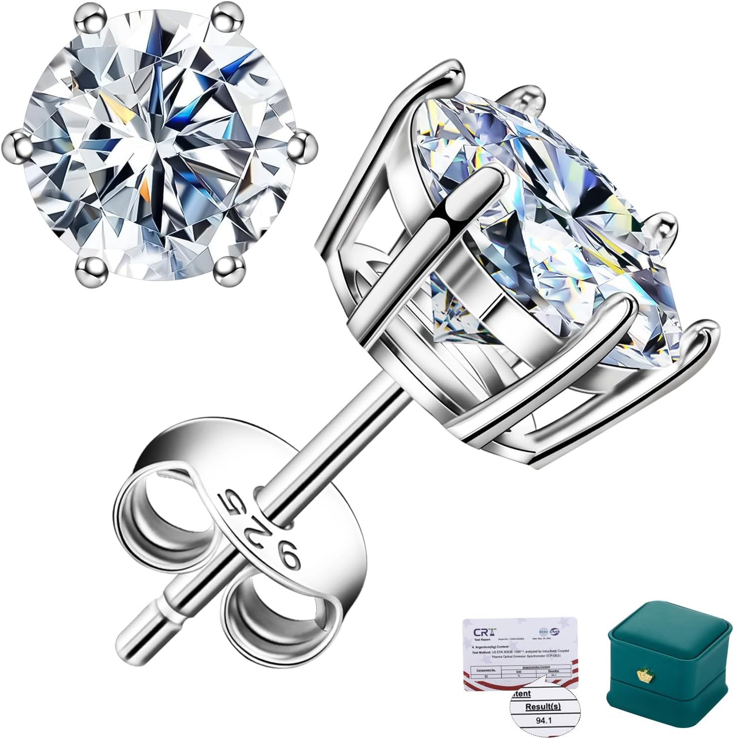 Moissanite Stud Earrings for Women, 0.6-4ct VVS1 Clarity, 18K White Gold Vermeil on 925 Sterling Silver, D Color Jewelry Gift Valentine's Day