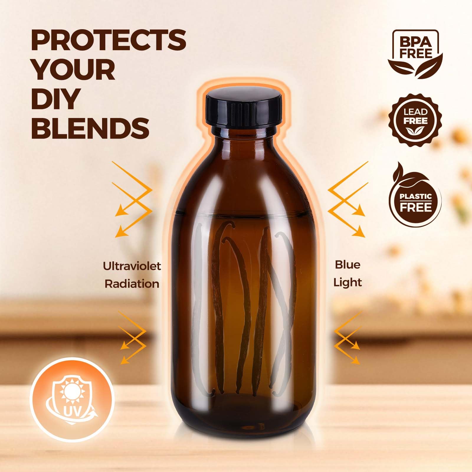 Paquete de 12 botellas de vidrio ámbar de 8 onzas con tapas, a prueba de fugas, rellenables, vacías, marrón Boston, botellas dispensadoras de muestras para extracto de vainilla casero, aceites