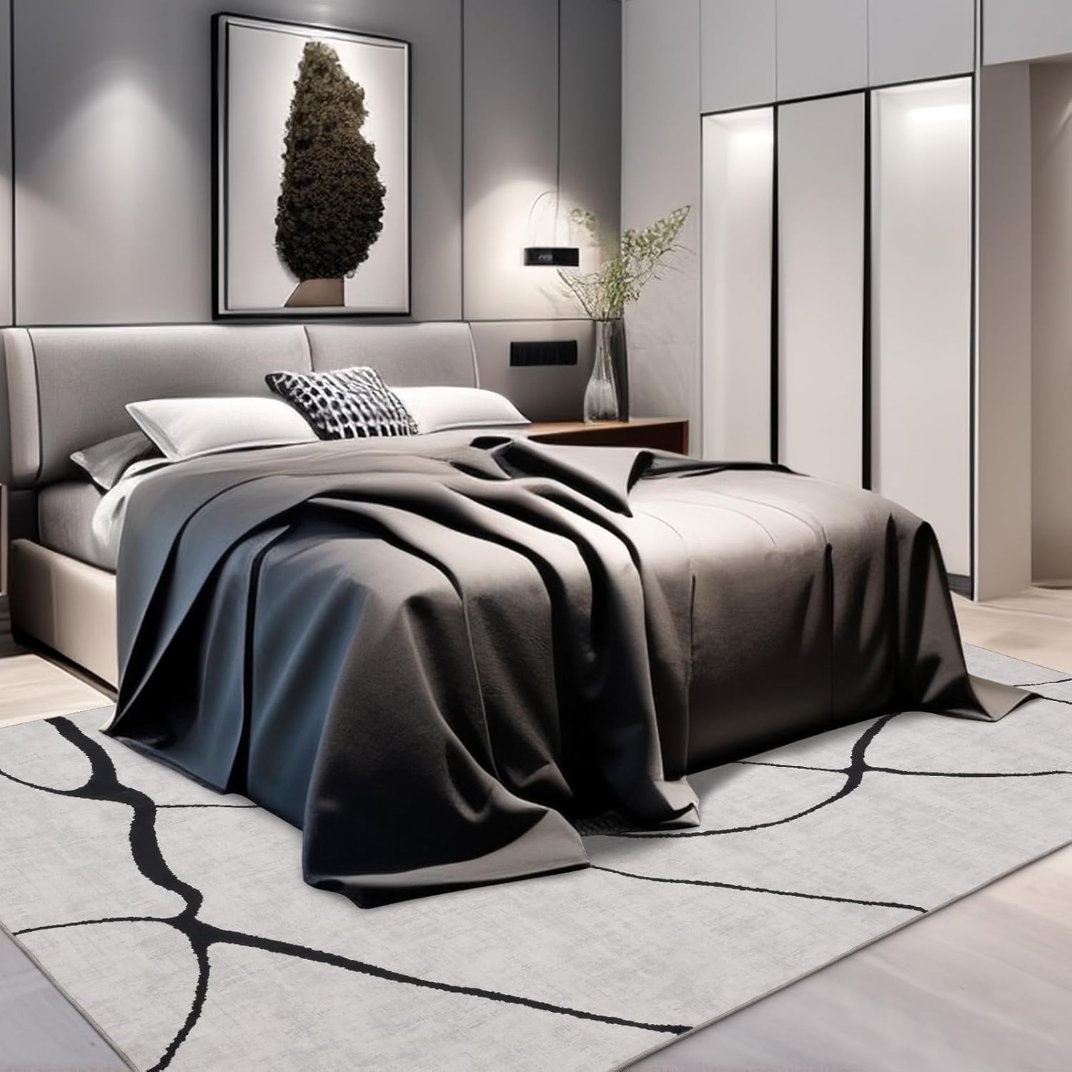 Tapis de salon 140x230 cm gris et noir en moquette lavable antidérapante
