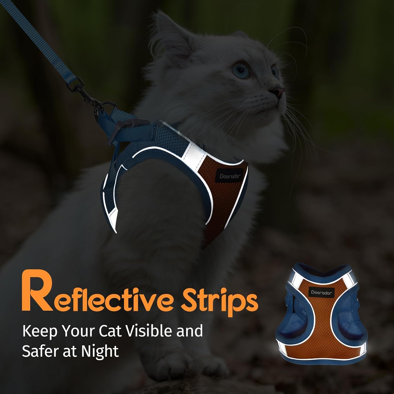 Dooradar Cat Harness and Leash Set, Escape Proof Lightweight Kitten Harness, Soft Breathable Reflective Vest for Outdoor Walking Traveling, Adjustable for Small Cats, Orange & Blue, S