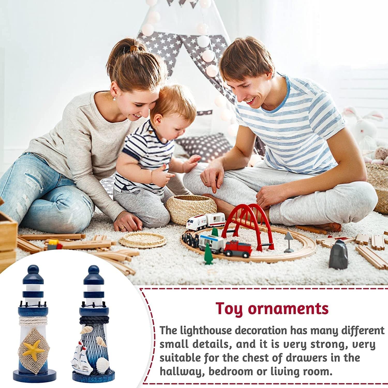 BLLREMIPSUR Lot De 2 Mini Phares Décoratifs En Bois, Modèle Miniature De Phare, Décoration Sur Le Thème Nautique Pour Salle De Bain, Fête Prénatale