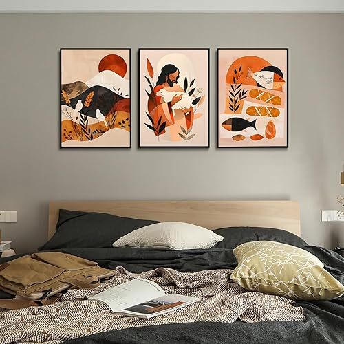 Miniatura 8 de 3 piezas de arte de pared de Jesús en lienzo bohemio retro arte para el hogar, impresiones de Jesús alimenta los 5000 cuadros cristianos abstractos