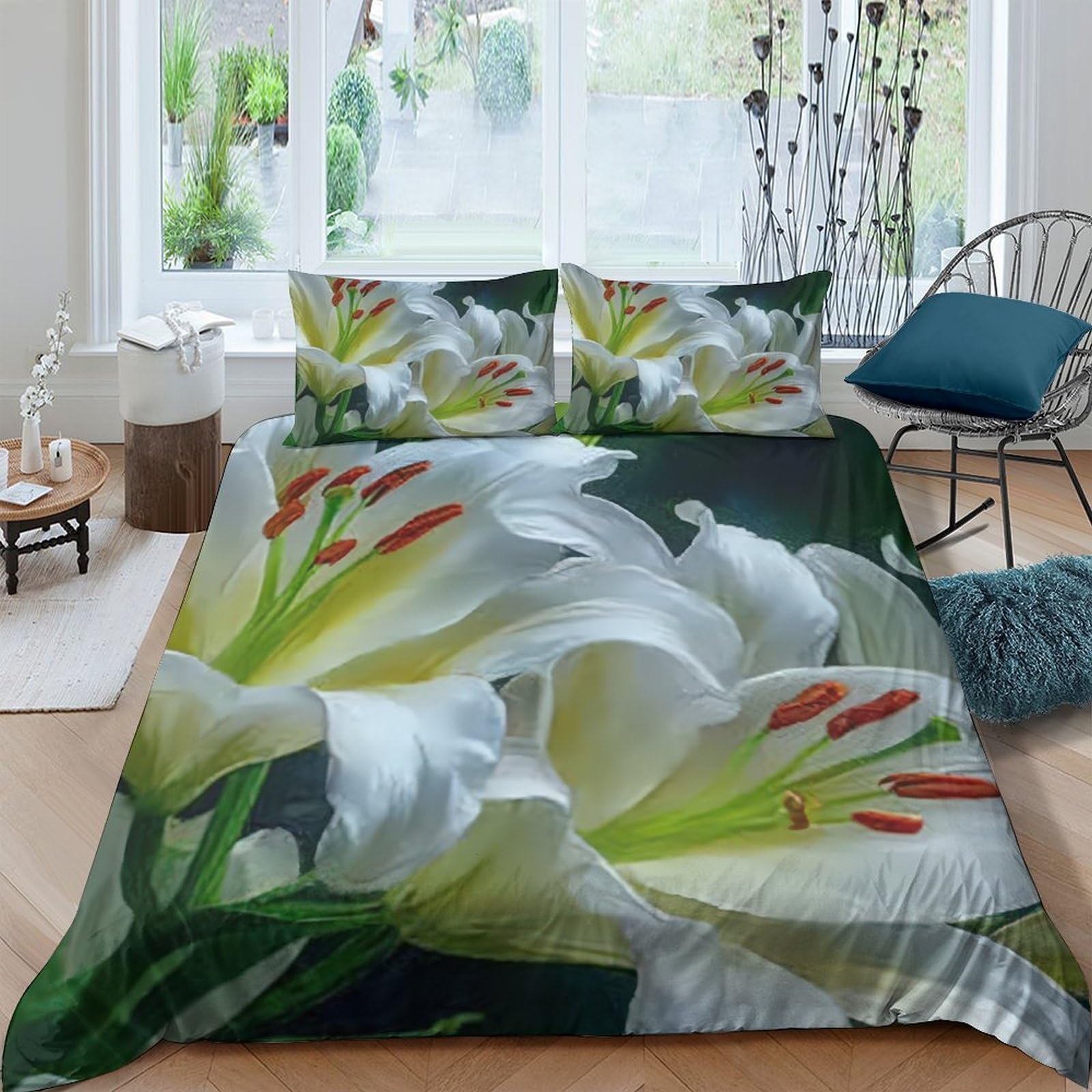 GPLZQXKJNH 3D Printed White Lily Duvet Cover Set Microfiber Soft Floral Bedding Set with 2 Pillowcases for Bedroom Decor Single（135x200cm）
