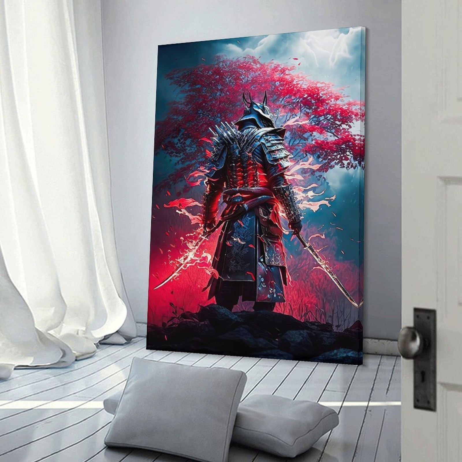 Junmoney Frame-Style-13 Samurai Warrior With Red Flames Wall Decor Canvas Print, 24X36inch(60X90cm), For Flats, Guest Rooms Or Compact Rooms, A Simple Refresh For Blank Walls