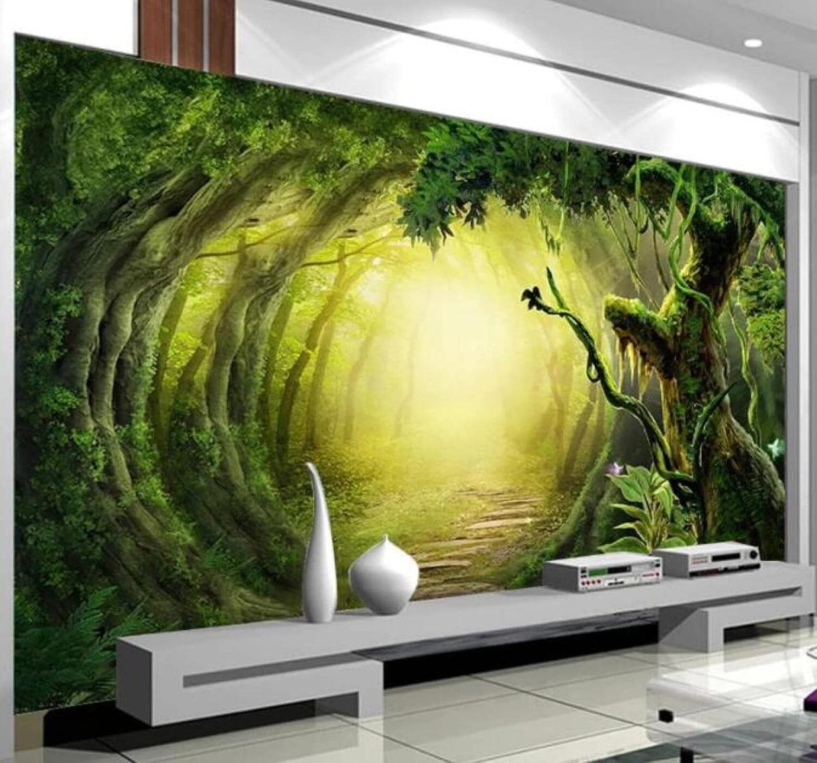 XLMING Fresh Green Forest Path Landscape 3D Wallpaper Luxury Silk Study Dining Feature Sofa Grey Bedroom Living Room Tv Decorative Wall-200cm×140cm