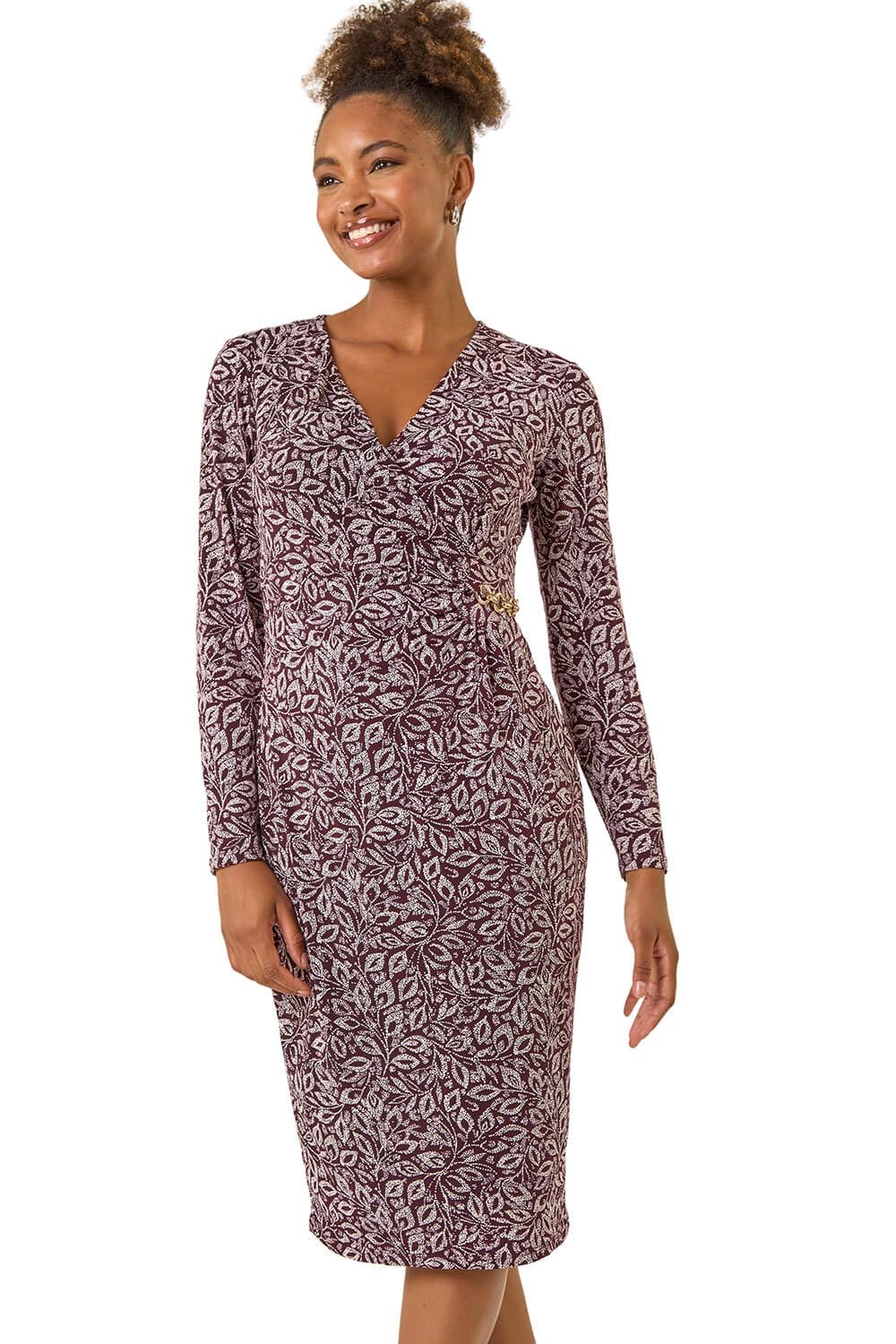 Roman Chain Detail Wrap Stretch Dress for Women UK - Ladies Autumn Everyday Winter Holiday V-Neckline Comfy Long Sleeve Soft Midi Length Frock Dinner Date Gowns - Burgundy - Size 12