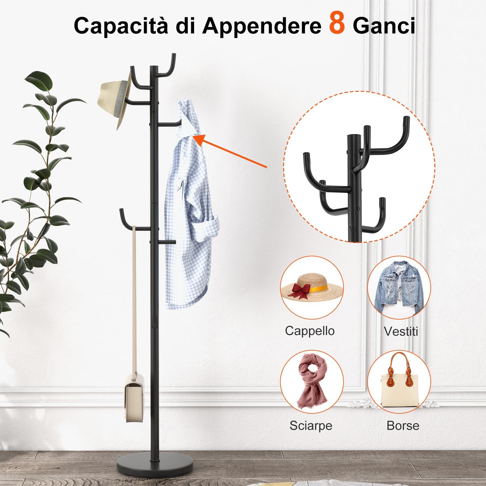 RELAX4LIFE Appendiabiti da Terra, Attaccapanni in Metallo con 8 Ganci per Vestiti, Borse e Cappello, Appendiabiti da Pavimento con Base Stabile per Salone, Ufficio e Negozio, Nero (30x175cm(ØxA))