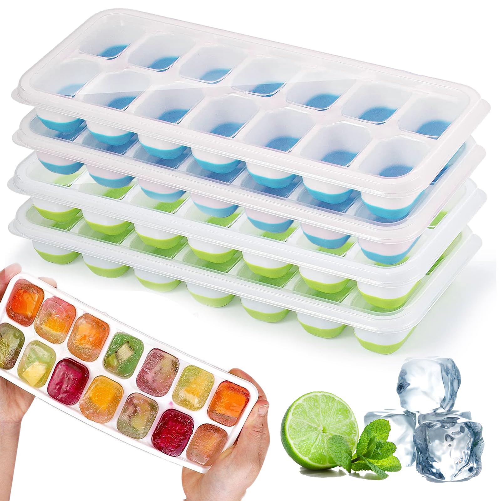 4 Vaschette Per Cubetti Di Ghiaccio In Silicone Con Coperchio, 56 Cubetti, Senza BPA, Impilabili, Colori Bianco E Rosso - 3