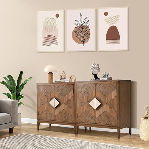Miniatura 6 de Aparador de buffet con 2 puertas con almacenamiento de madera tallada de mediados de siglo Credenza moderna con pies protectores para cocina,