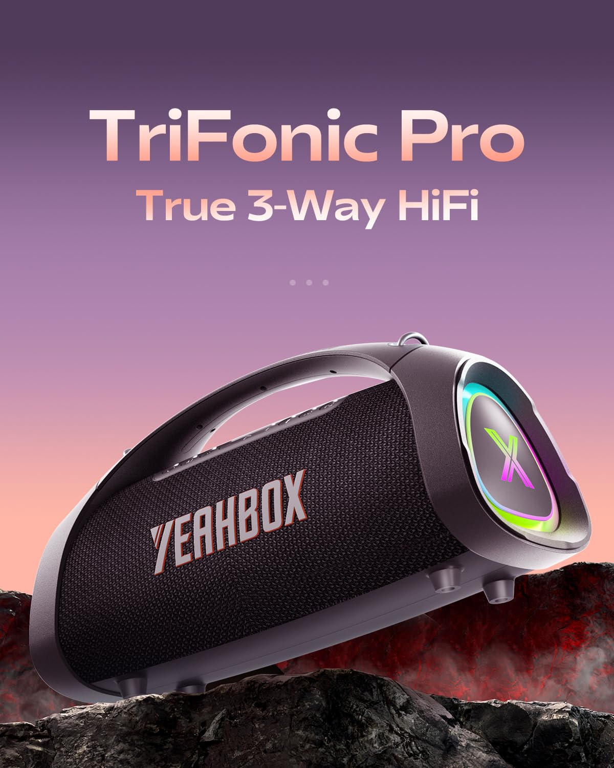 YEAHBOX Sonic Boom Max K, 200W RMS / 300W Peak Bluetooth-Lautsprecher, TriFonic Pro True 3-Wege-HiFi, PulseBass X Oval-Woofer, (Dual kabellose Mikrofone + Fernbedienung mit Reverb), Smart App EQ