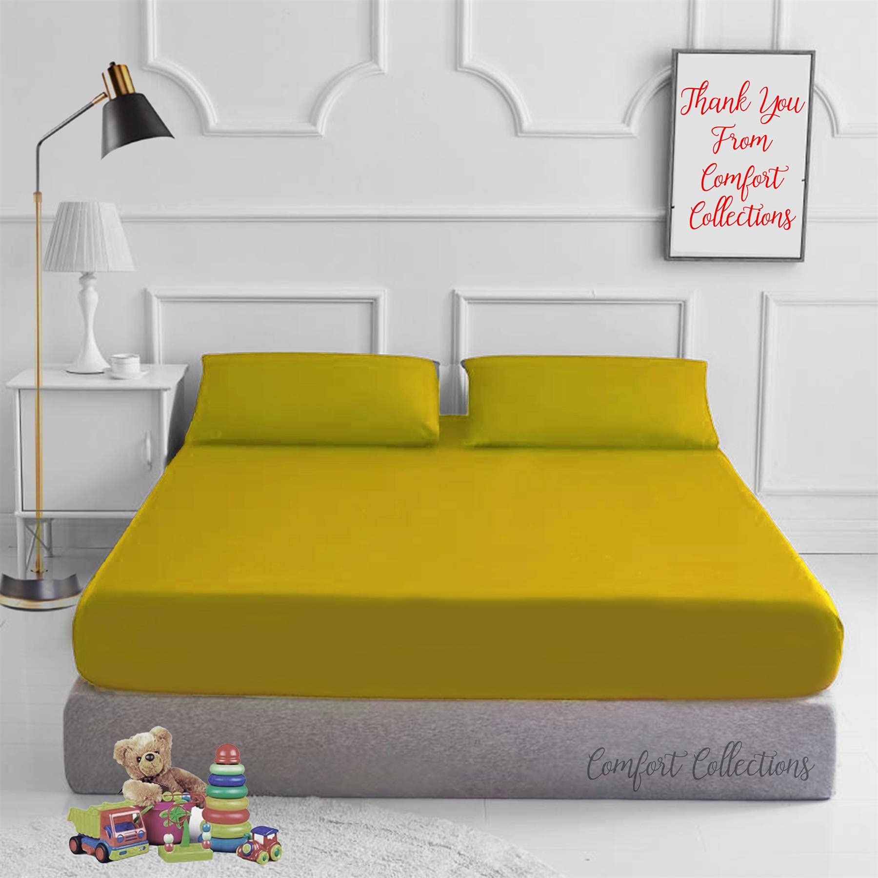 Comfort CollectionsFitted Bed Sheet With FREE MATCHING 2 X PILLOW CASES Poly Cotton Percale Easy Care Plain Dyed Bed Sheet Mustard Small Double 4FT