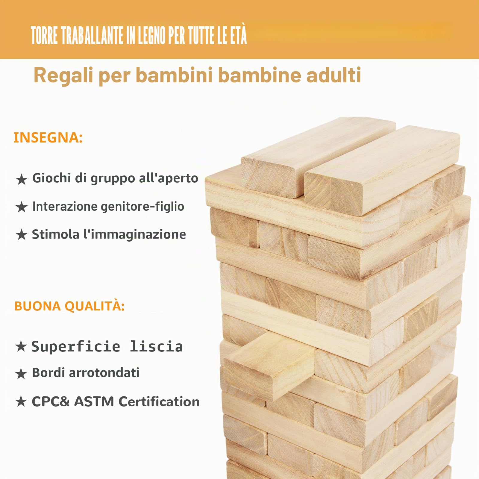 WOODENFUN Torre gigante in legno impilabile da 0,4 m – 1,2 m grande Tumble Tower giochi Jumbo Toppling Blocks giocattolo per bambini, adulti e famiglia (colore legno)