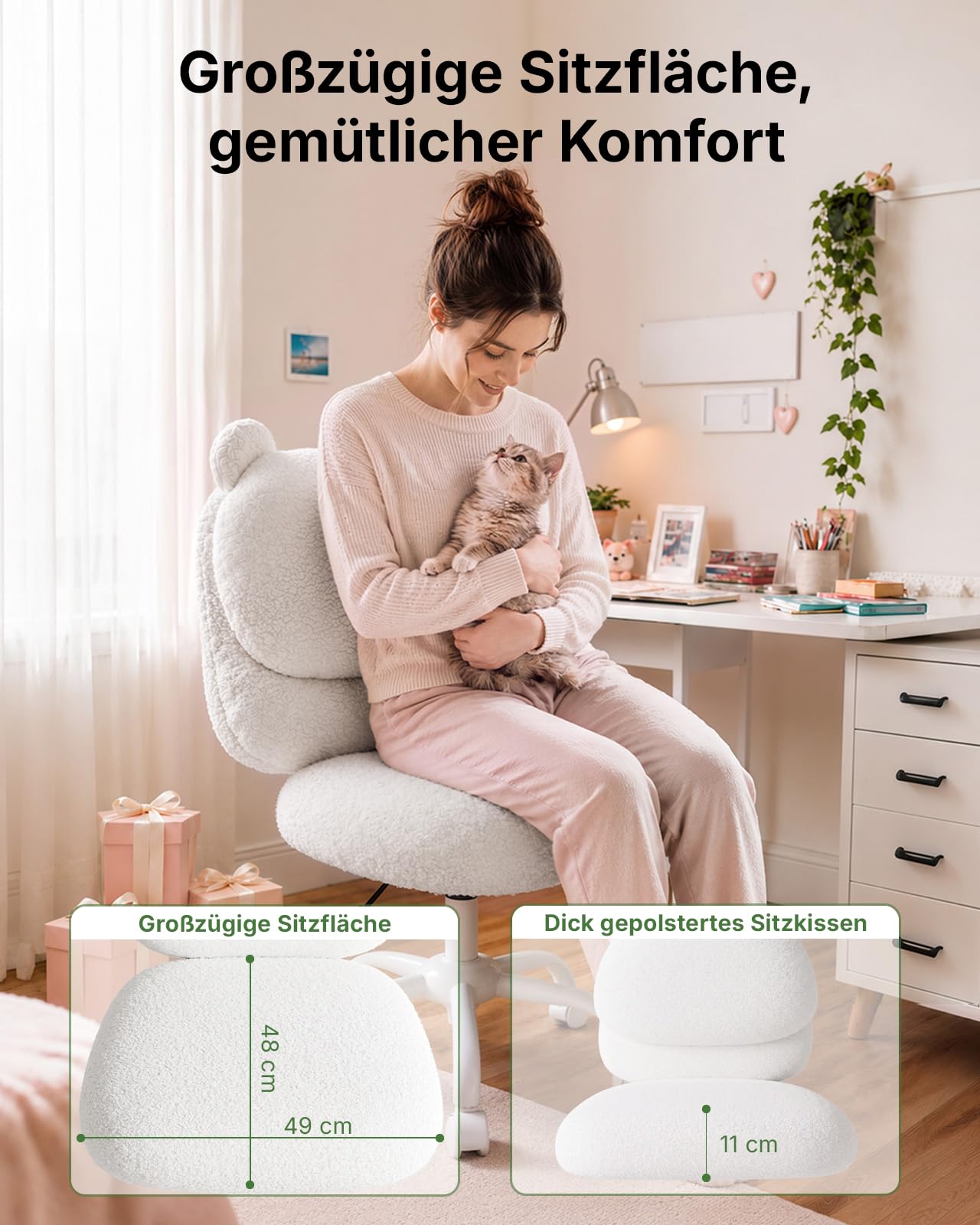 Marsail Schminktisch Stuhl, Schreibtischstuhl aus Teddyfleece, Weiß