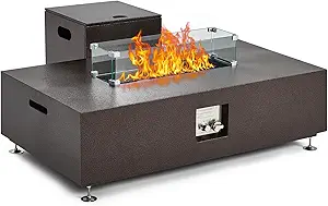 48" Outdoor Fire Table, 48 inch Rectangle Propane Gas Fire Pit Table, 50,000 BTU Modern Firepit with 16 inch Tank Cover Side Table, Wind Guard, Fire Glass, Rain Cover, Antique Bronze