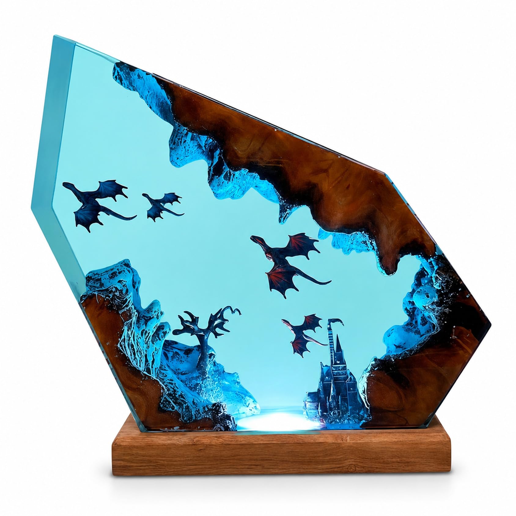 Drawelry 3D Ozean Epoxidharz Nachtlicht Meere Figuren Statue Ornamente mit Holzsockel Harz Marine Tier Hai Wale Oktopus Taucher Kunsthandwerk Skulptur Tischlampe Mini Aquarium Dekoration (B14, S)