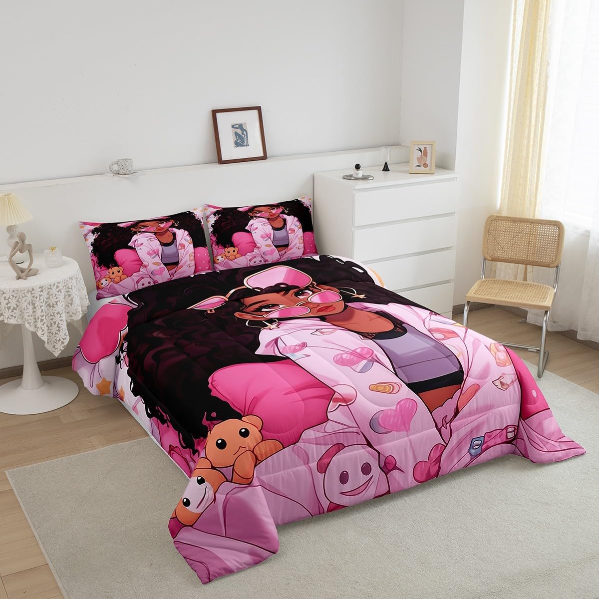 Manfei Black Little Girl Kids Comforter Set Twin Size,Cartoon Bears Love Heart Dots Bedding Set,Girls Women Room Decor,Afro American Style Girls Down Comforter,Pink Princess Duvet Insert,1 Pillowcase - Image 3