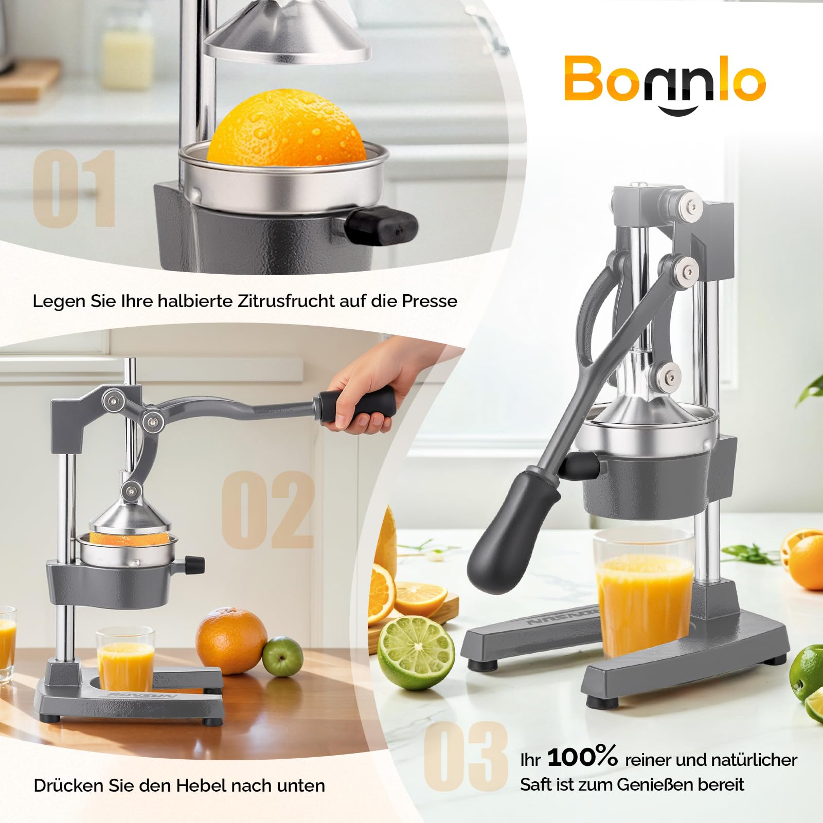 Bonnlo Saftpresse Manuell mit Obenfilter Abnehmbar, Zitronenpresse Edelstahl Lebensmittelecht, Obstpresse, Zitruspresse, Entsafter, Apfelpresse, Orangenpresse 18x22x37 cm Grau (Grau)