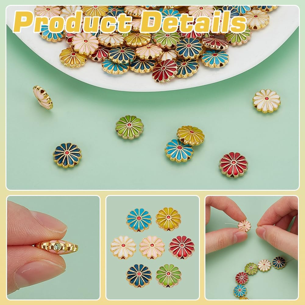 PH PandaHall 7 Colors Flower Enamel Beads 70pcs Daisy Spacer Beads 12mm Floral Bracelets Beads Metal Loose Beads Craft Beads for DIY Jewelry Making Friendship Bracelet Necklace Earring Supplies - Image 4