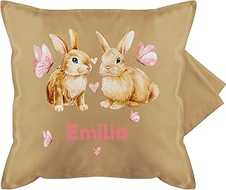 Kissenbezug personalisiert mit Namen - Ostern Deko - Süße Hasen Mädchen - Osterhasen Geschenk - 50 x 50 cm - Beige - Easte...