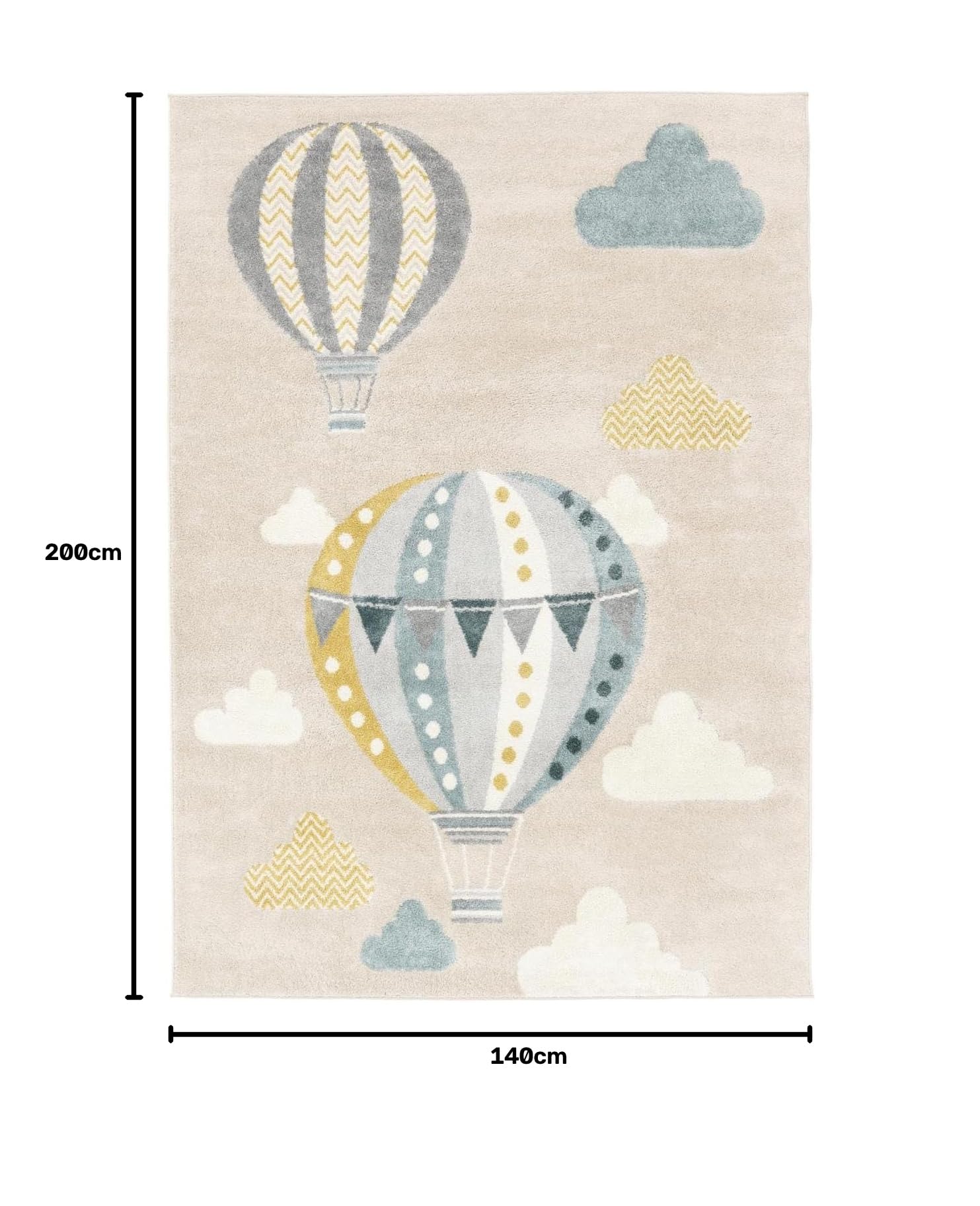 RugVista Balloon Ride, Alfombra Infantil, Modernas Niños, 140 x 200 cm, Rectangular, Pelo Medio, Cuarto del bebé, Limpieza en seco, Sin Productos químicos peligrosos, Beige/Azul
